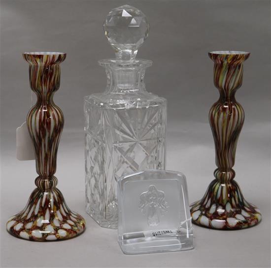 A pair of marbled overlay glass baluster candlesticks and two other items, tallest 28cm